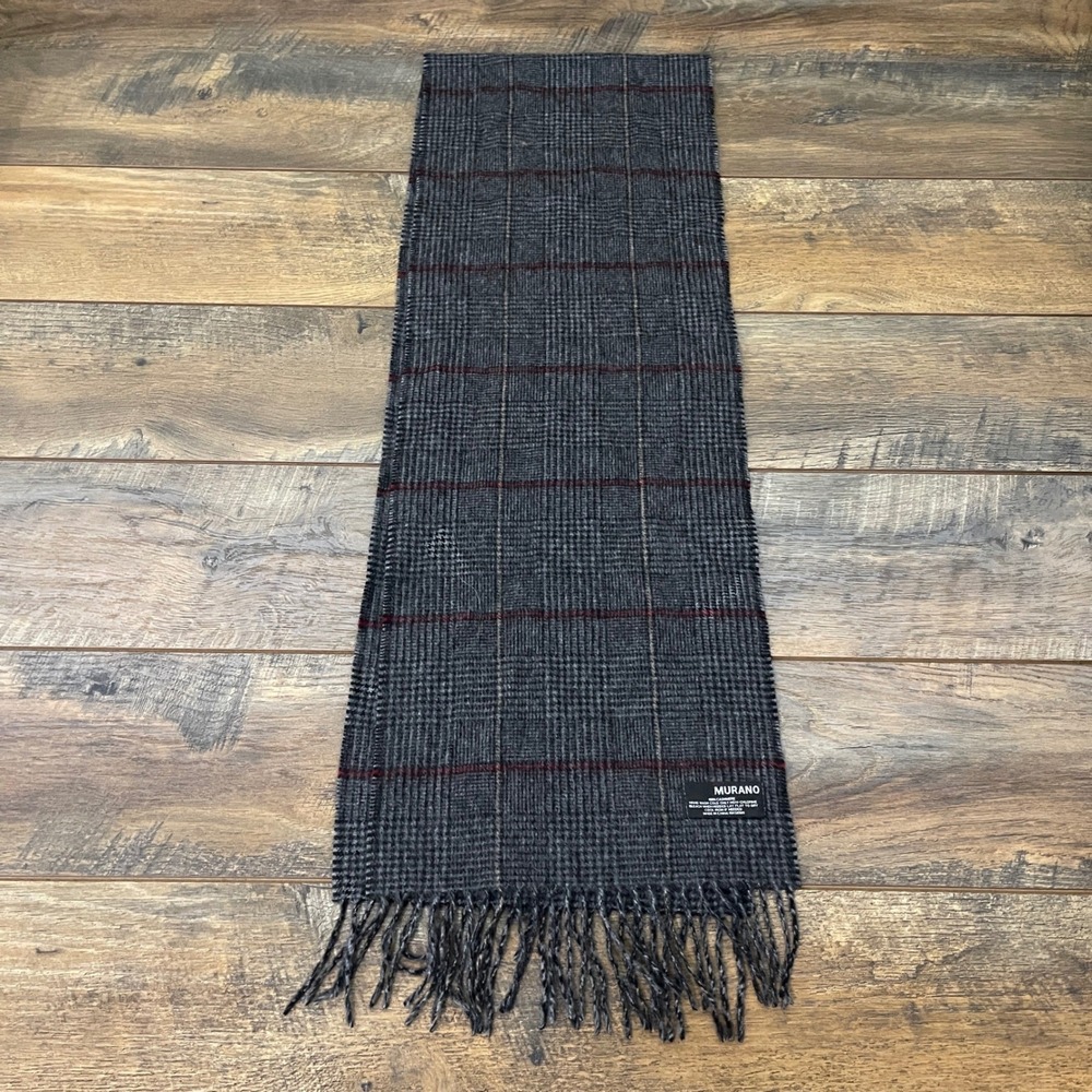 Murano Mens 100% Cashmere Scarf Grey Glen Plaid Red Check Fringe Winter Wrap